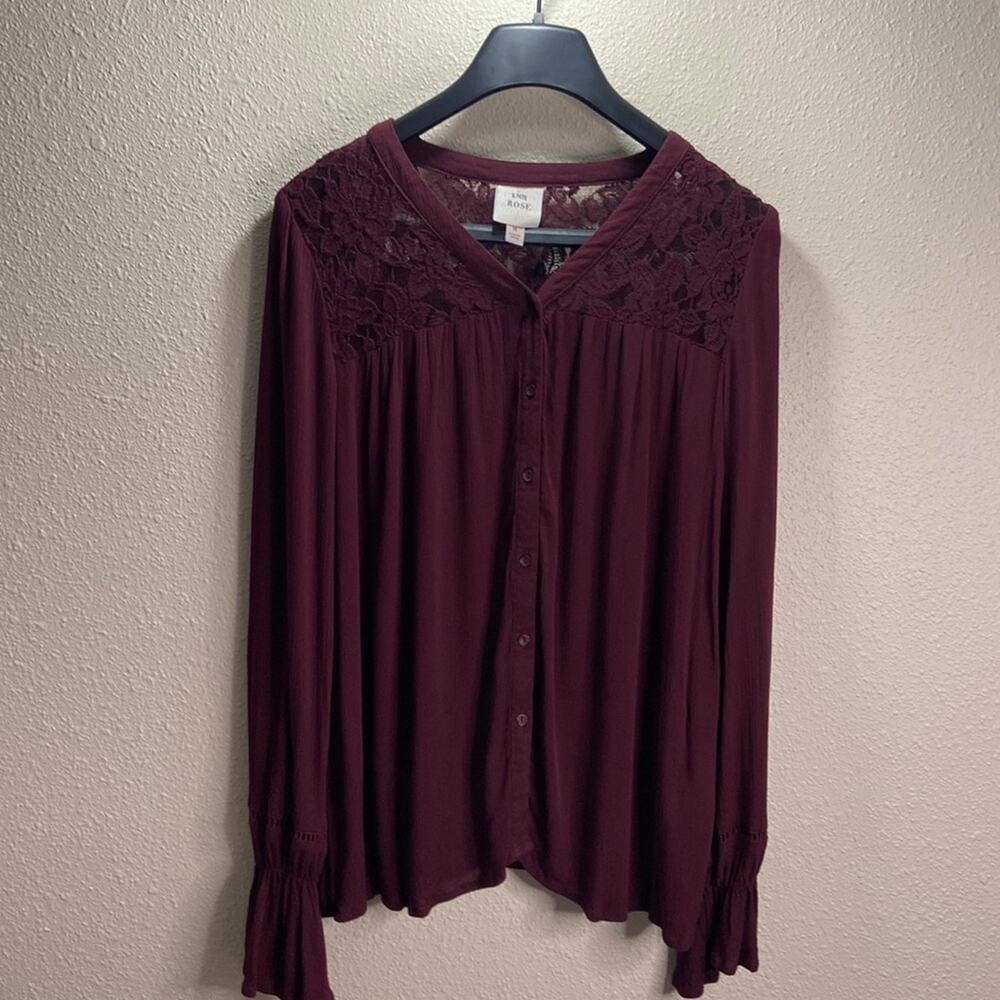 Knox Rose Women Burgundy Lace Longsleeve Blouse Size M